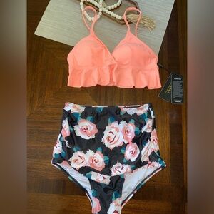 NWT Bikini Set XS Coral Ruffle Top Floral High Waisted Bottom Swim